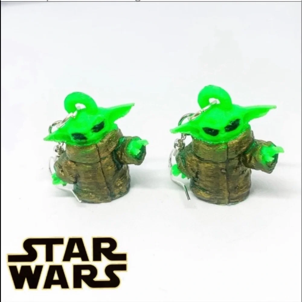 New S925 Sterling Silver Handmade Baby Yoda Earrings 3D Printed Hand Painted
